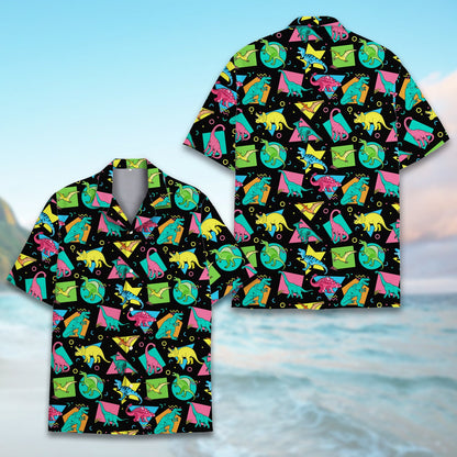 Detailed front view of the neon dinosaur pattern hawaiian shirt