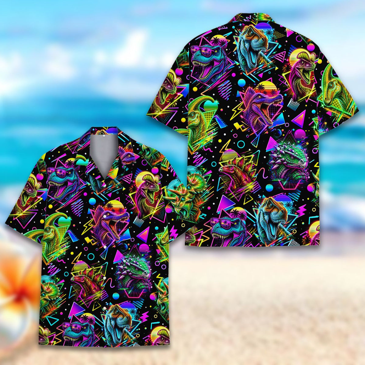 Front view of the black retro hawaiian shirt with neon dinosaurs