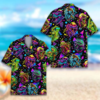 Front view of the black retro hawaiian shirt with neon dinosaurs