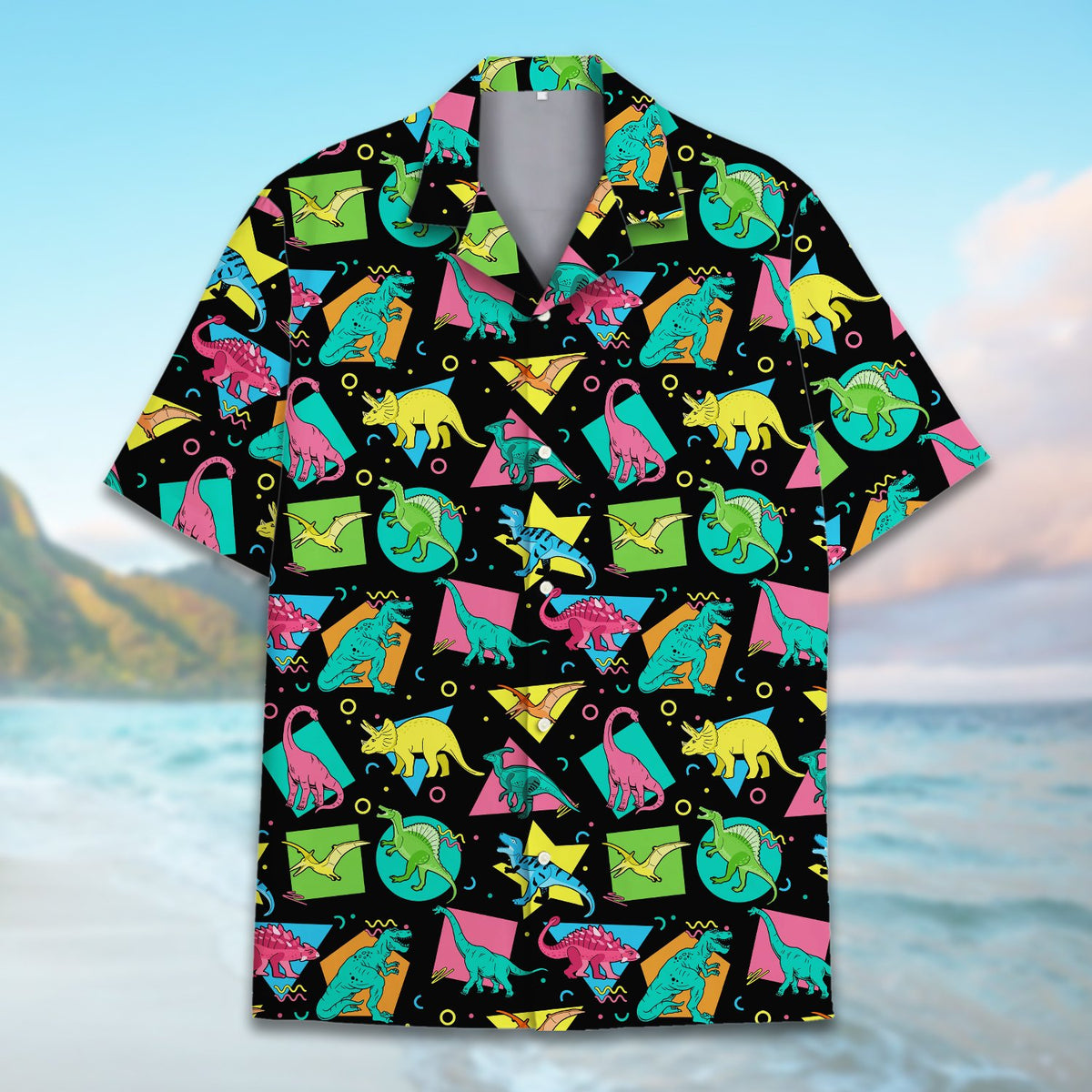 Close up front view of the black and neon retro hawaiian shirt