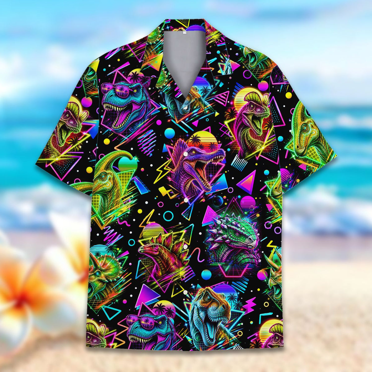 Detailed front view of the neon dinosaur shirt