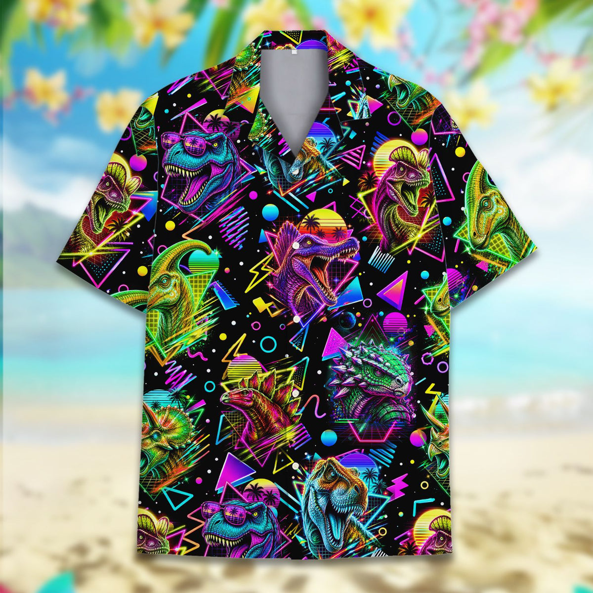 Close-up front view of the retro dinosaurs hawaiian shirt