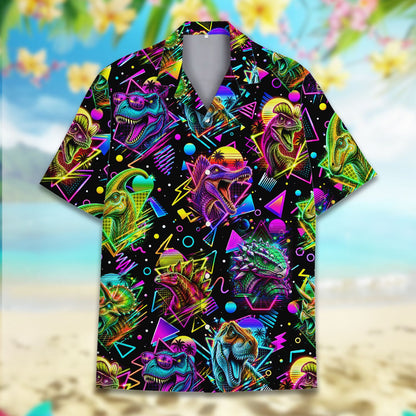 Close-up front view of the retro dinosaurs hawaiian shirt