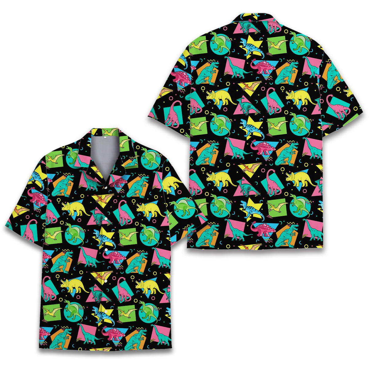 Front view of matching family hawaiian shirt featuring retro dinosaurs