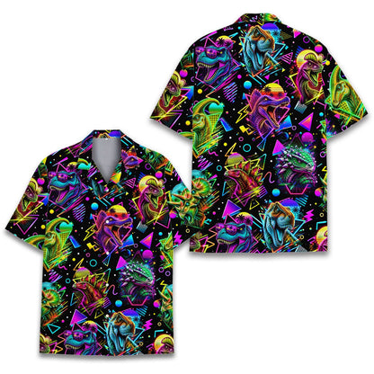 Matching family hawaiian shirts retro dinosaur design, front view