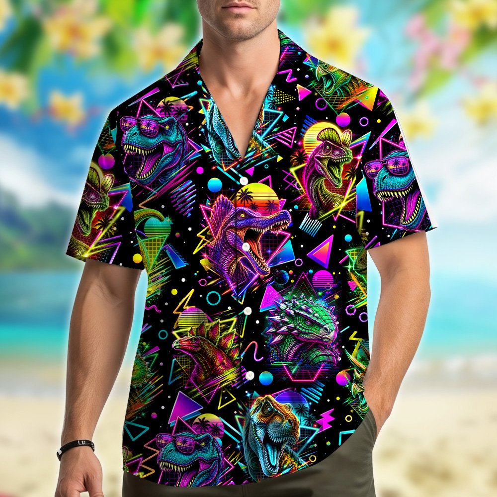 Second lifestyle view of the neon retro dinosaurs hawaiian shirt