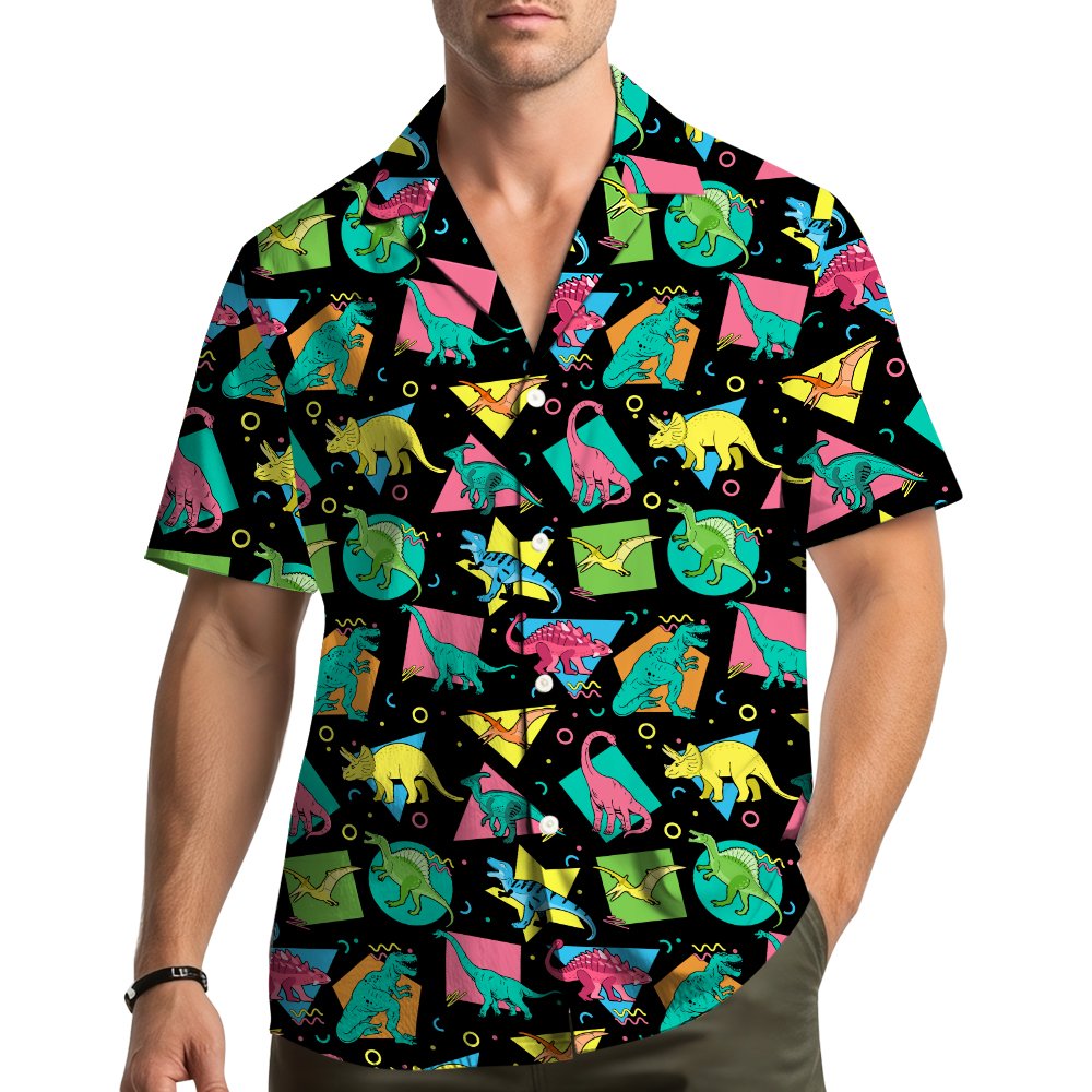 Lifestyle view of someone wearing the retro dinosaurs hawaiian shirt outdoors