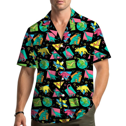 Lifestyle view of someone wearing the retro dinosaurs hawaiian shirt outdoors