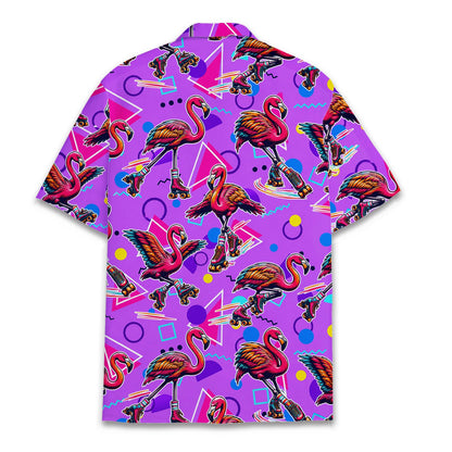 Back view of the retro flamingos purple hawaiian shirt