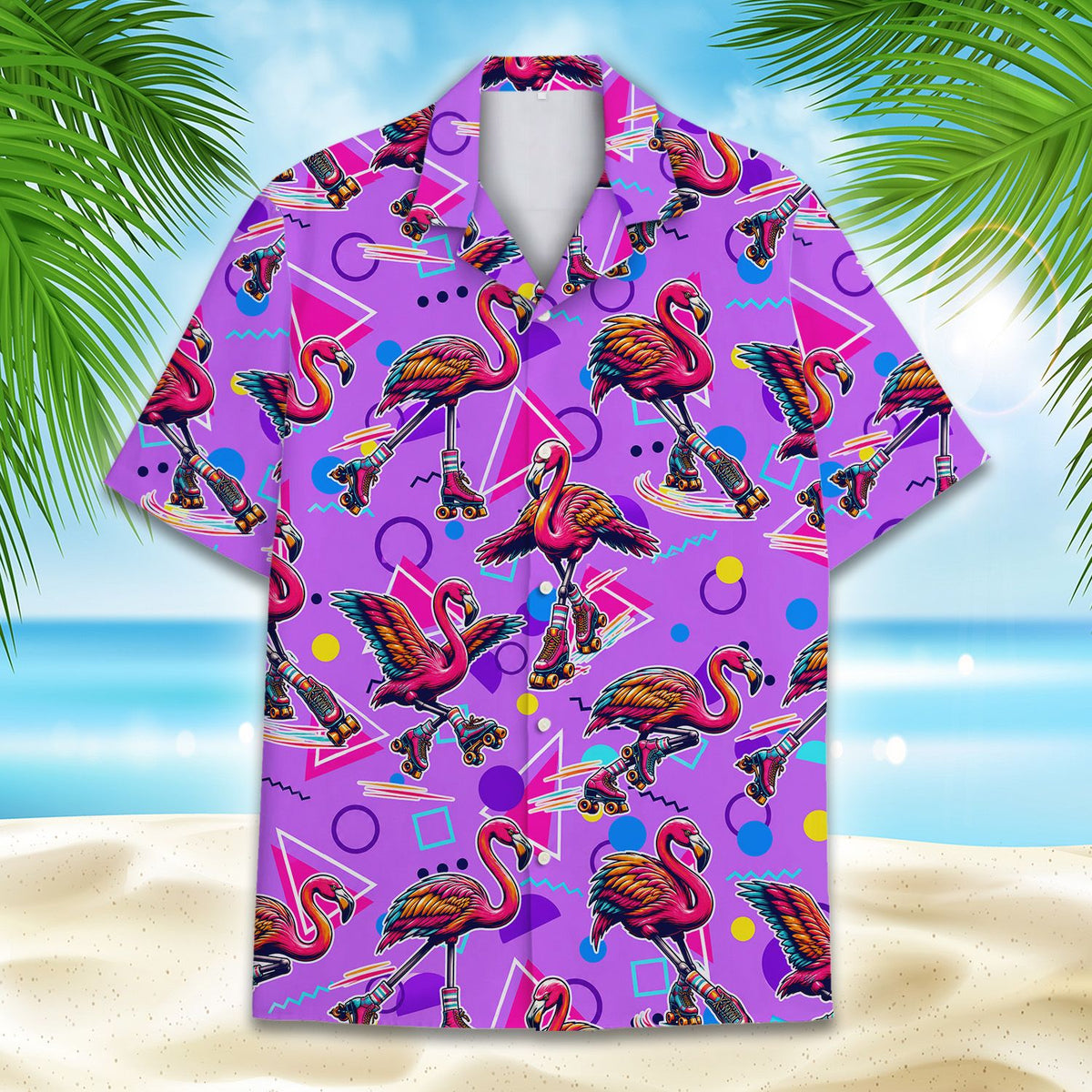 Close-up front view of the purple hawaiian shirt with roller-skating flamingos