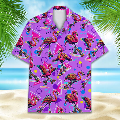 Close-up front view of the purple hawaiian shirt with roller-skating flamingos