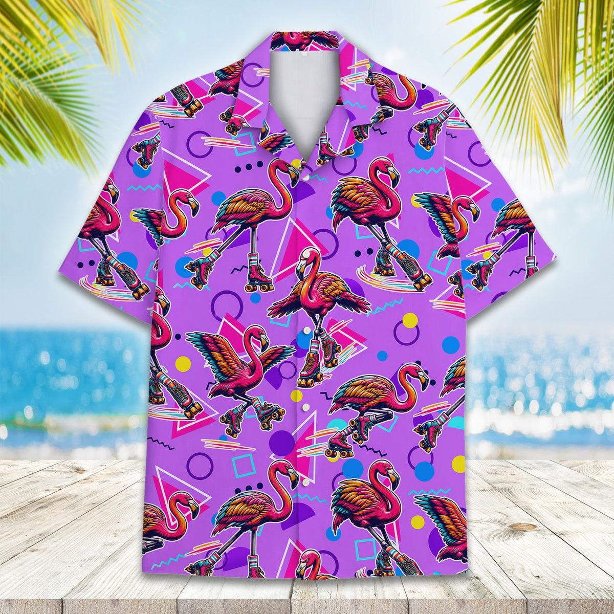 Detailed front view showing the abstract geometric shapes on the retro hawaiian shirt