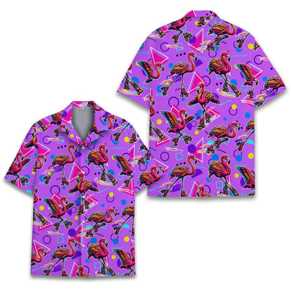 Another front view of the retro flamingos casual aloha hawaiian shirt