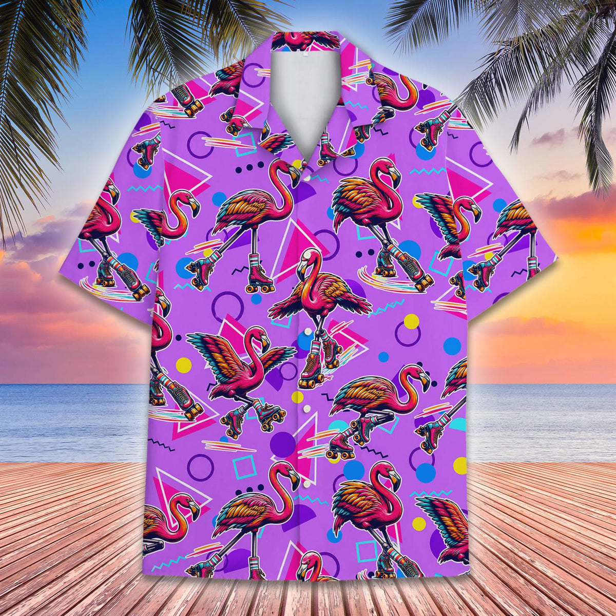 Matching family hawaiian shirts featuring a retro flamingos design on a purple background, main view