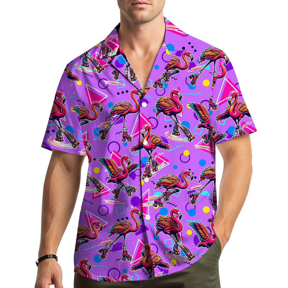 Lifestyle view of a person wearing the retro flamingos hawaiian shirt outdoors