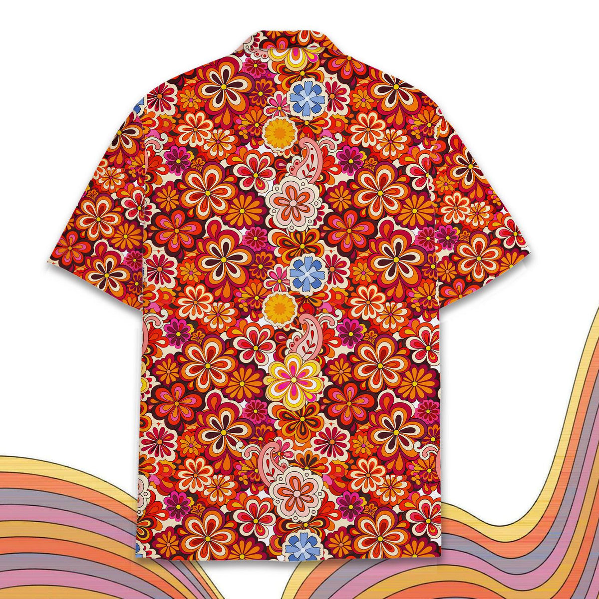 Back view of the retro hawaiian shirt showing the continuous 70s pattern