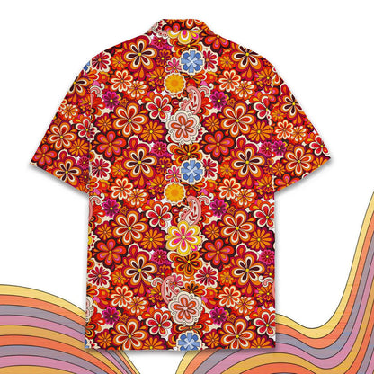 Back view of the retro hawaiian shirt showing the continuous 70s pattern
