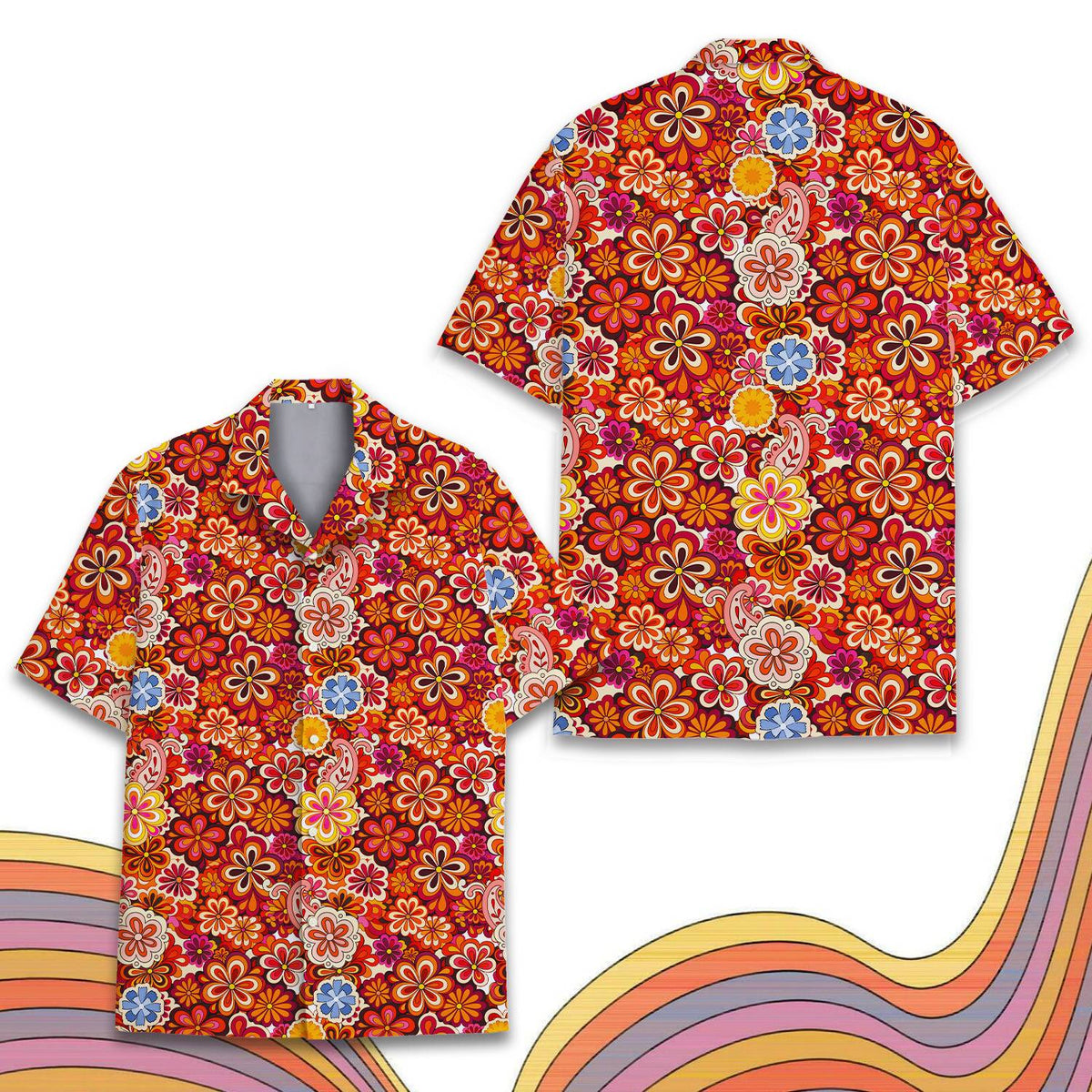 Second front view of the floral hawaiian shirt displaying vibrant colors