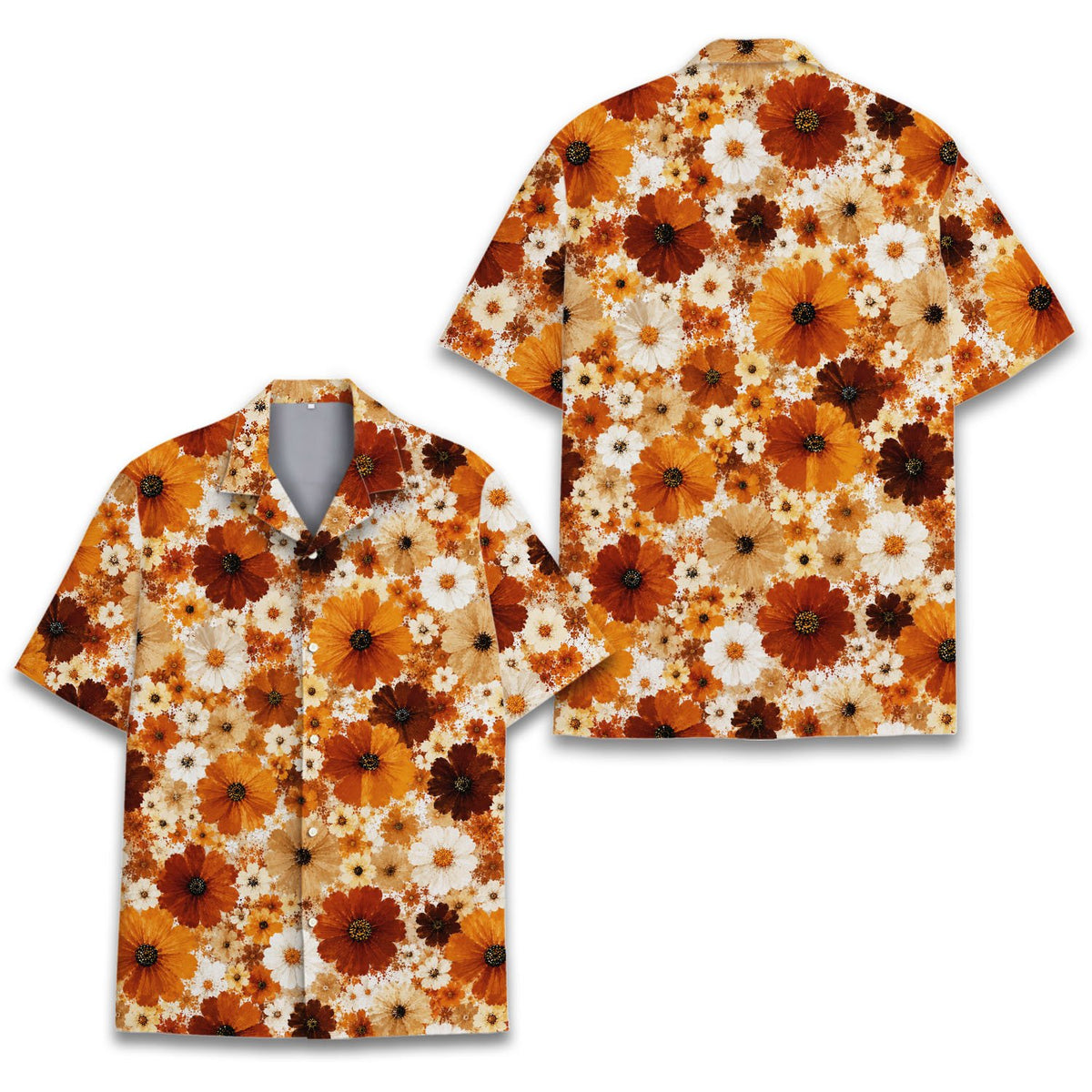 Red floral hawaiian shirt with warm retro daisy pattern, front view