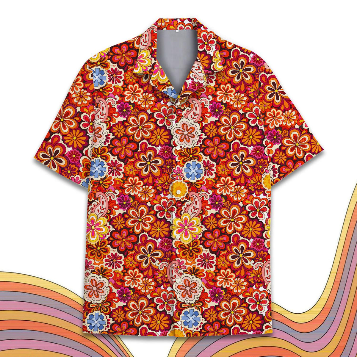 Main view of the retro floral hawaiian shirt featuring an orange, pink and red pattern