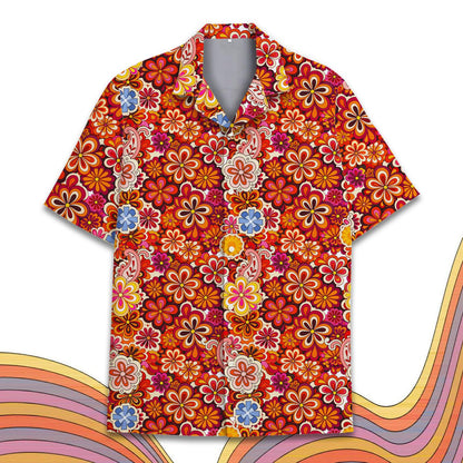 Main view of the retro floral hawaiian shirt featuring an orange, pink and red pattern