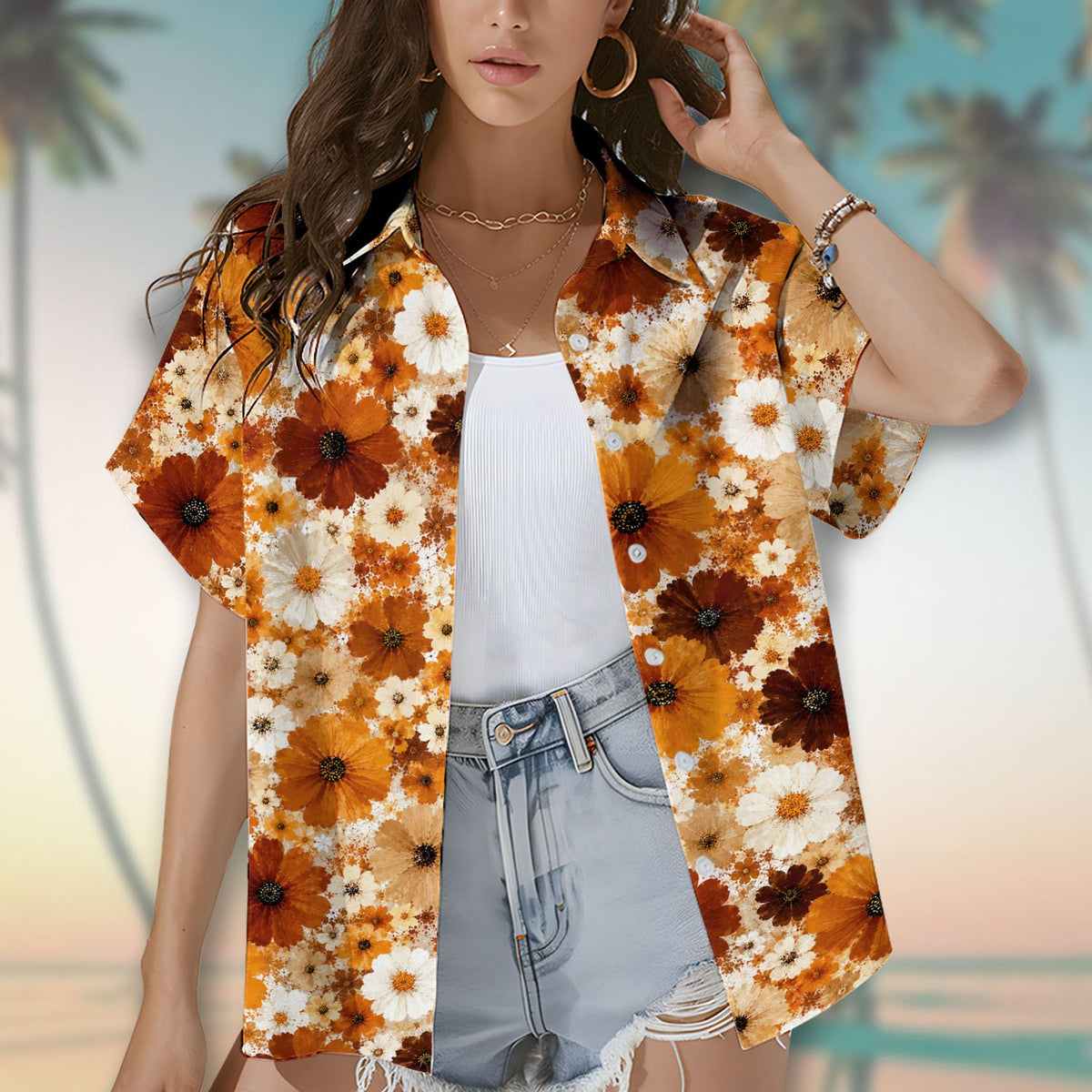 Close up of the vintage 70s-inspired floral print on a button-up shirt