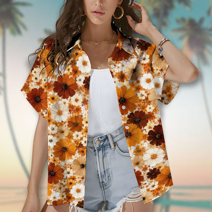 Close up of the vintage 70s-inspired floral print on a button-up shirt