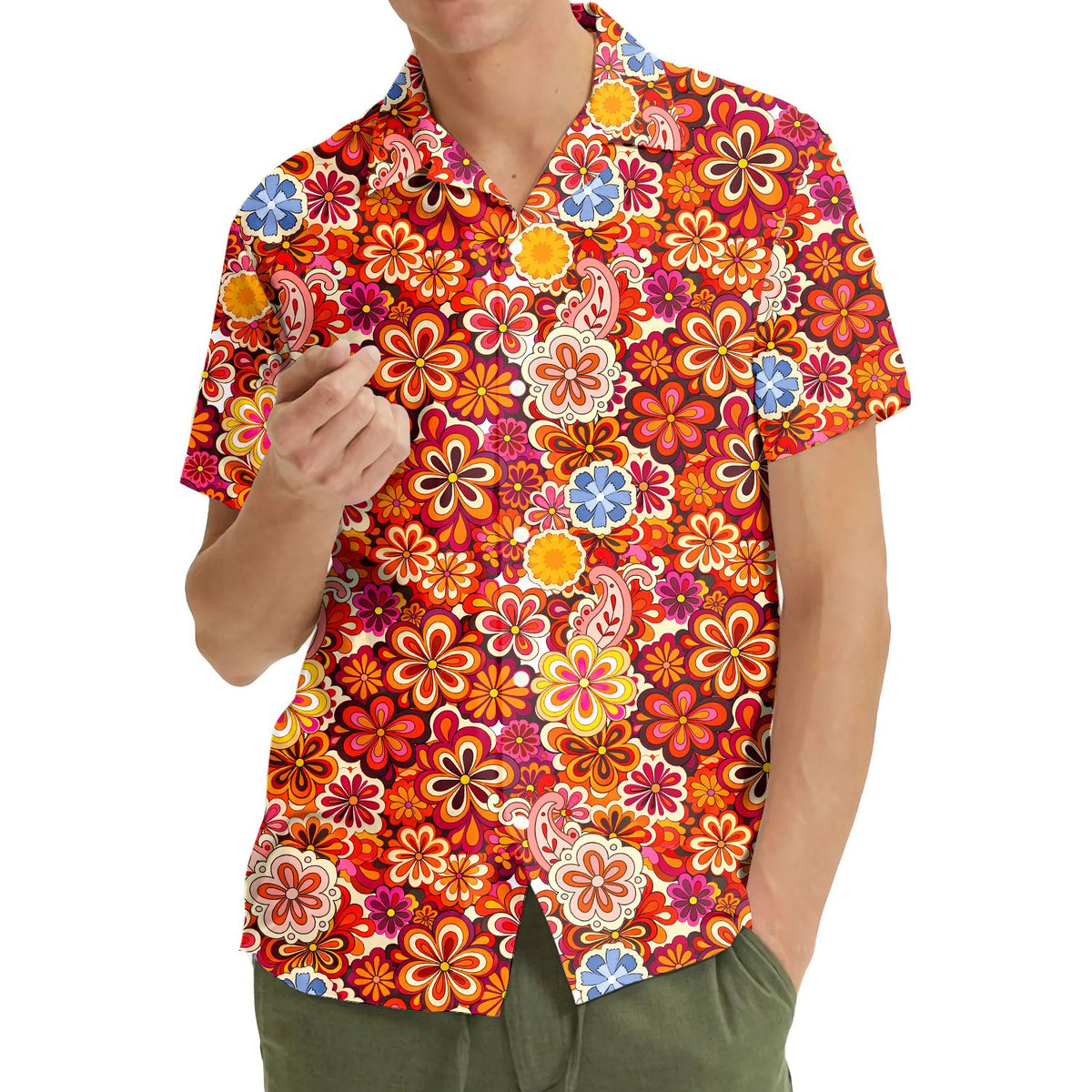 Close-up lifestyle view highlighting the vibrant retro floral hawaiian shirt pattern