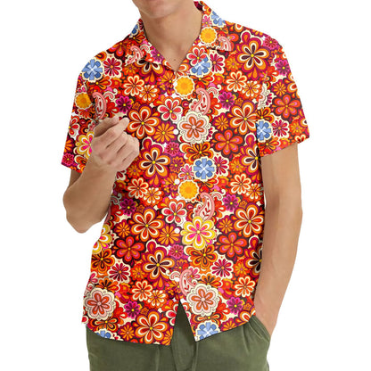 Close-up lifestyle view highlighting the vibrant retro floral hawaiian shirt pattern