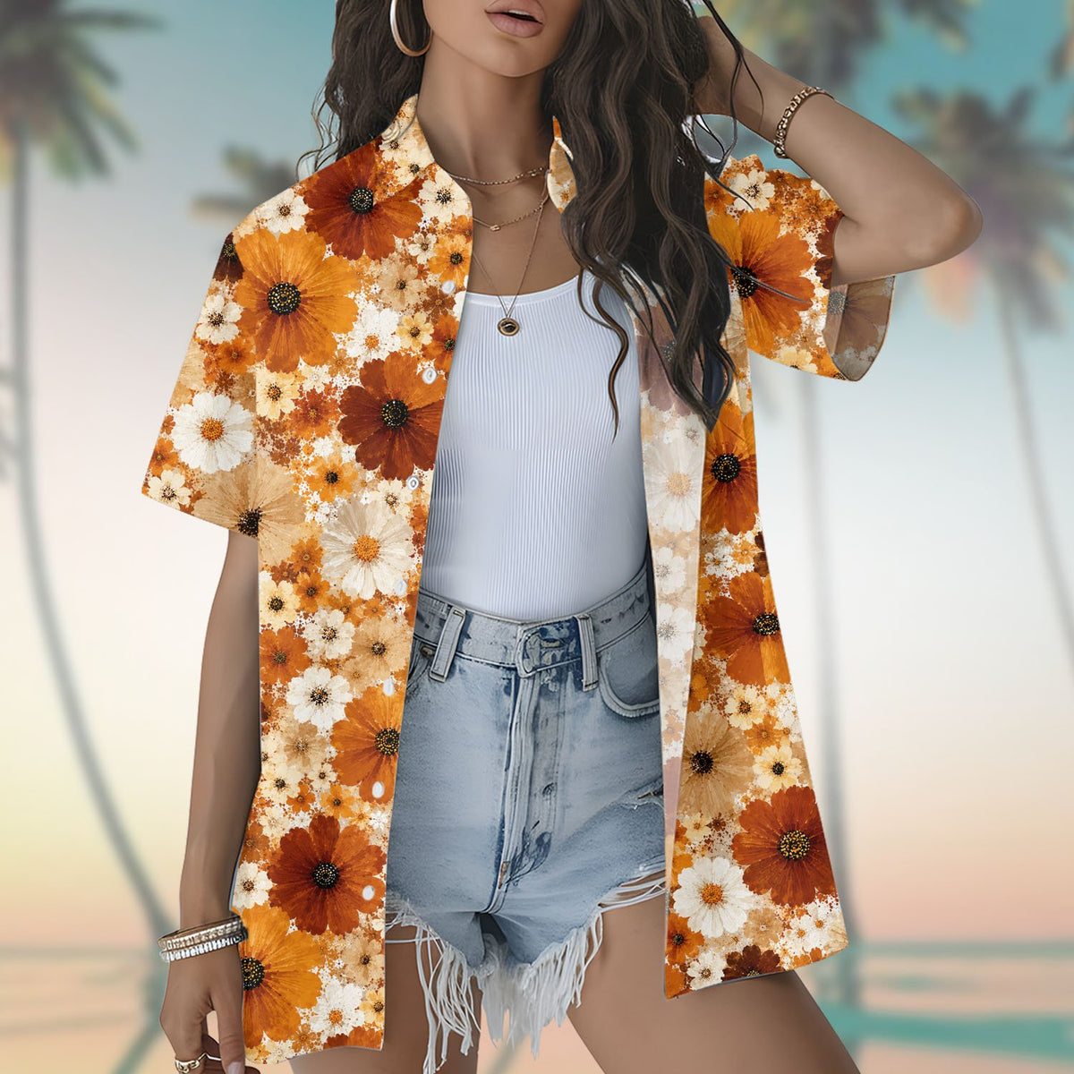 Person modeling the orange and rust retro hawaiian shirt outdoors
