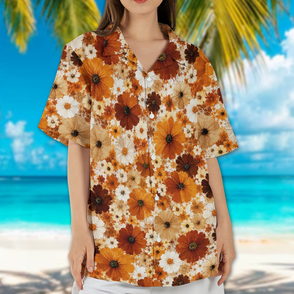 Outdoor lifestyle perspective of the retro floral patterned shirt