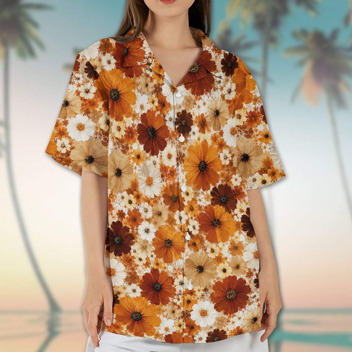 Final lifestyle view showing the casual fit of the floral button-up