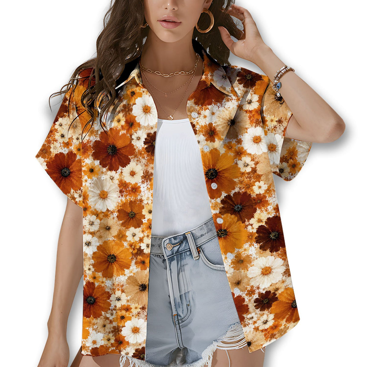 Lifestyle view of people wearing the retro floral shirt hawaiian style