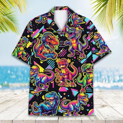 Detailed front view of matching family hawaiian shirts featuring gaming T-Rex