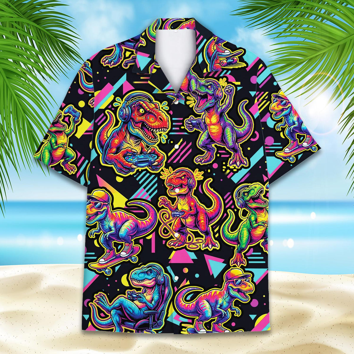 Close-up front view of the geometric neon dinosaur hawaiian shirt