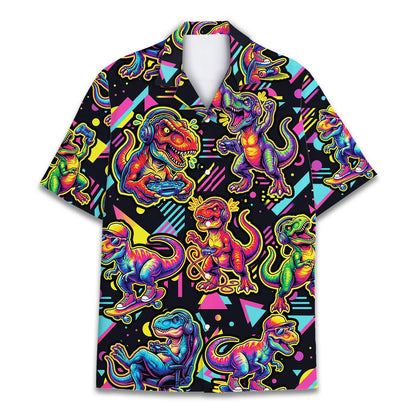 Retro gaming dinosaurs hawaiian shirt featuring neon graphics on black background