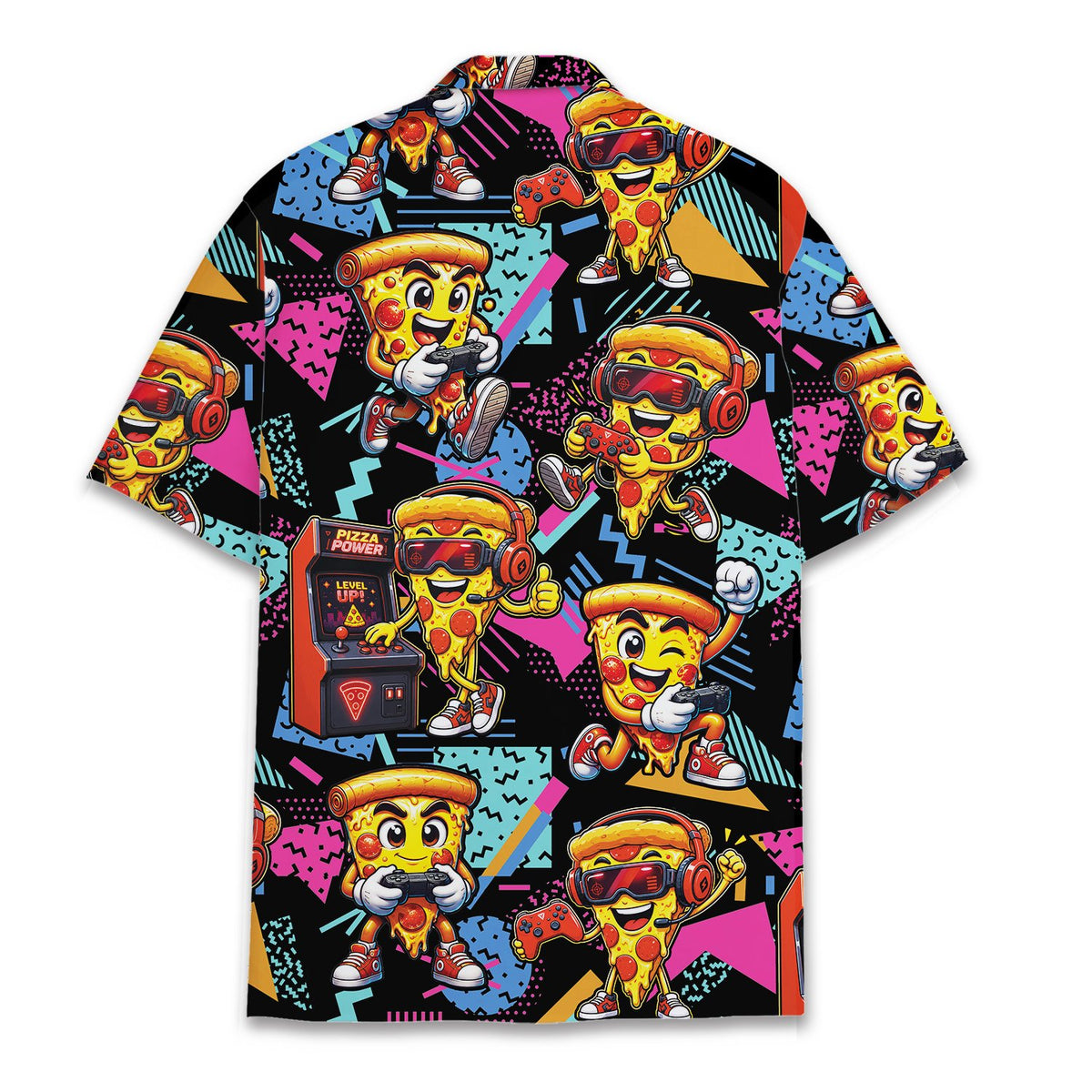 Back view of the retro gaming pizza hawaiian shirt