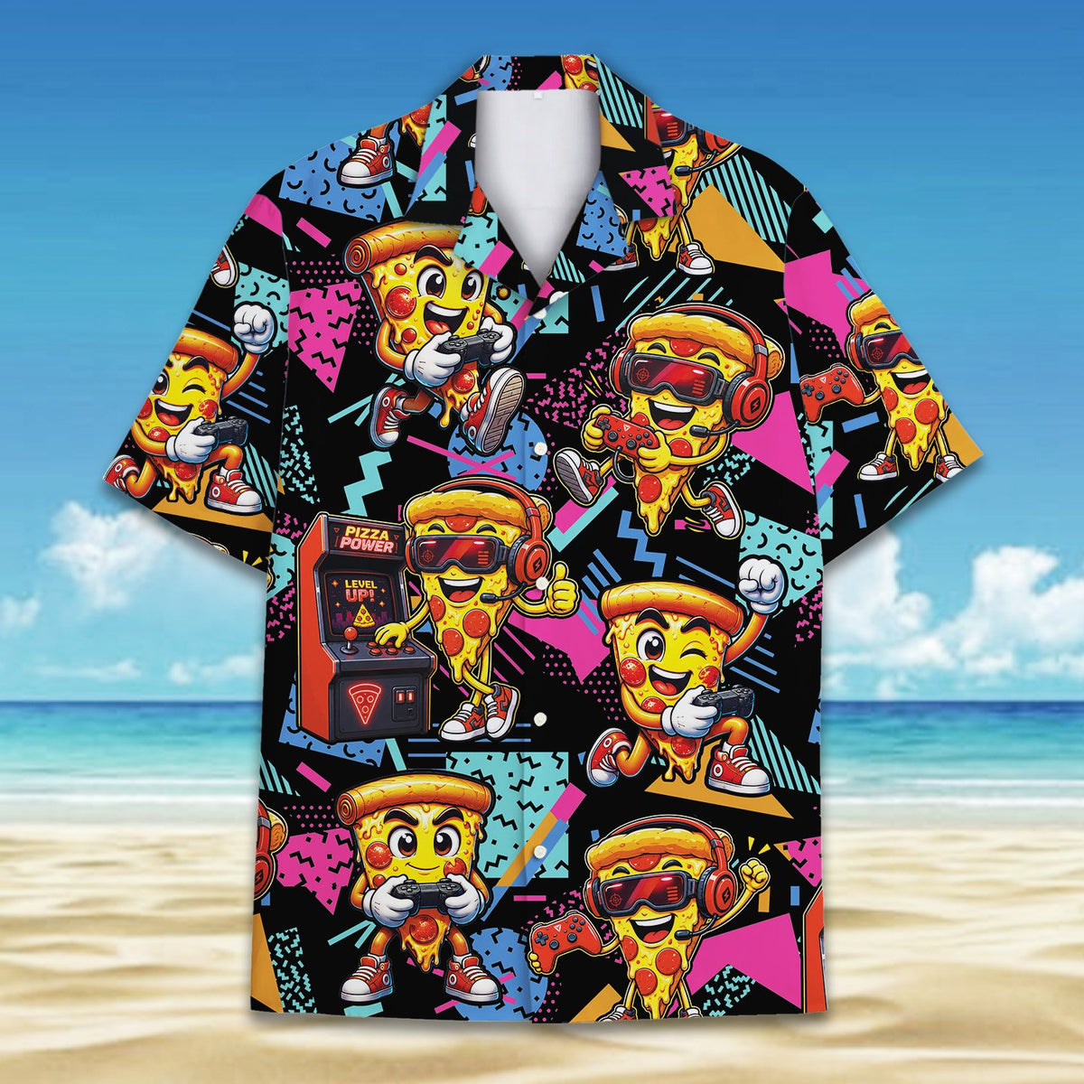Front view of the retro gaming pizza hawaiian shirt showing colorful geometric shapes
