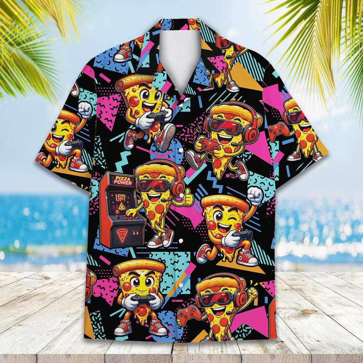 Another front view of the retro gaming pizza hawaiian shirt