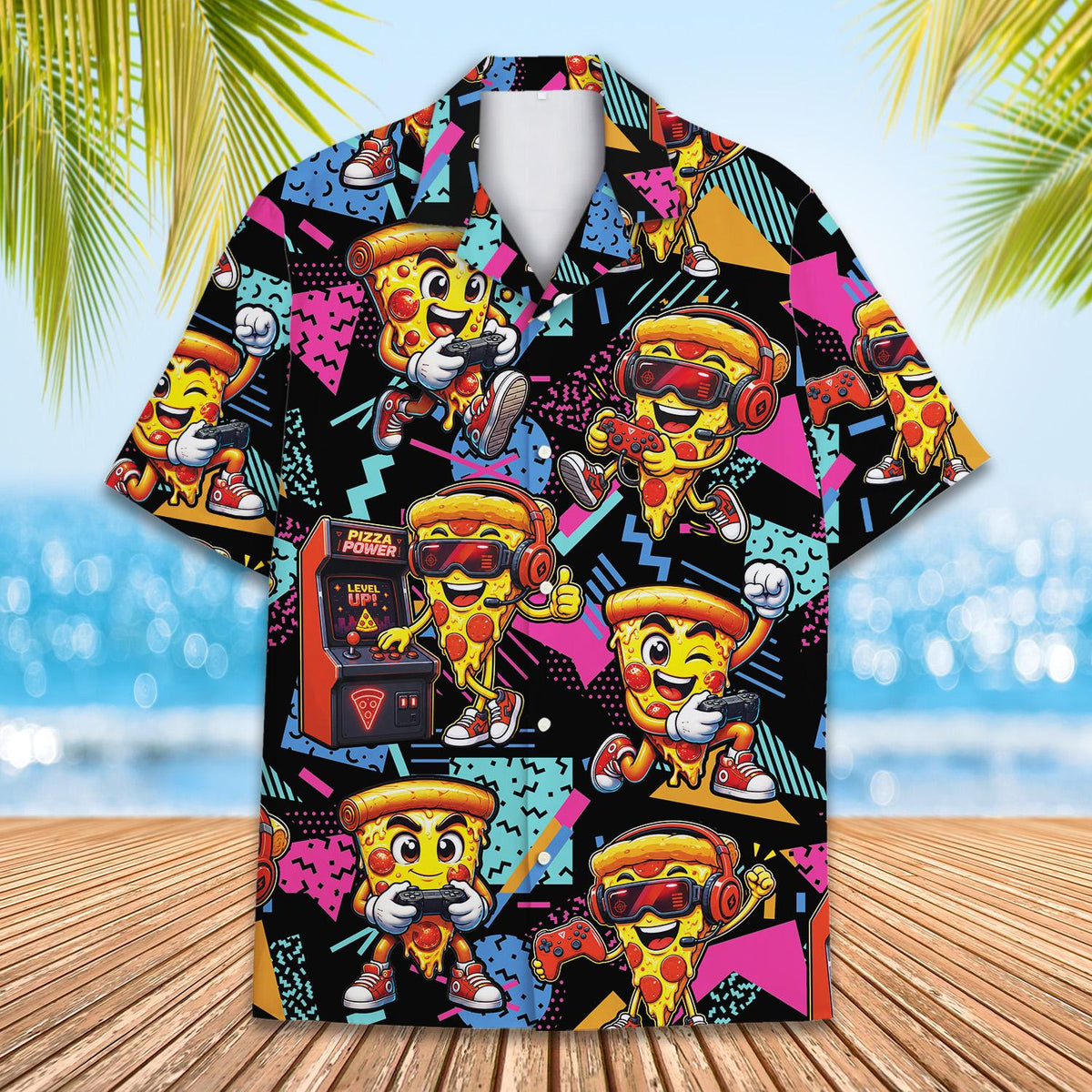 Retro gaming pizza hawaiian shirt, main view on black background