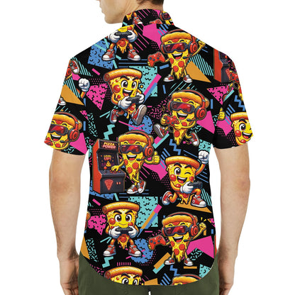Lifestyle view showing the retro gaming pizza hawaiian shirt on a person