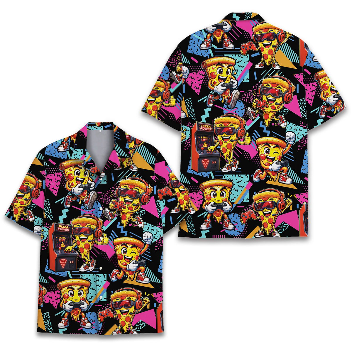 Additional view of the retro gaming pizza hawaiian shirt fabric details