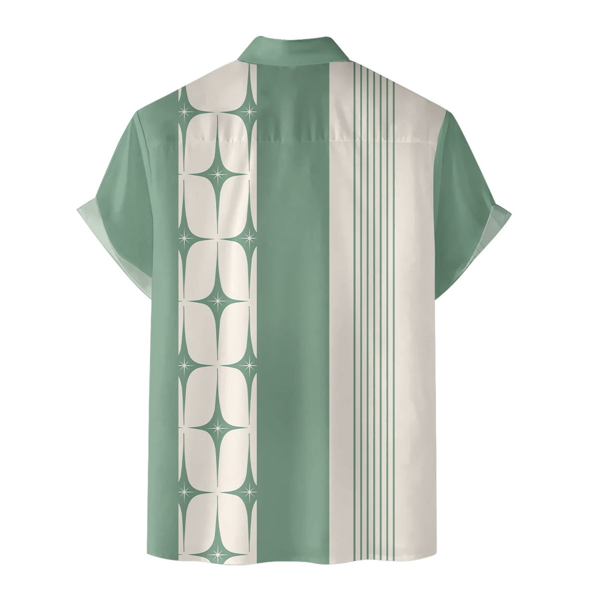 Back view of the geometric hawaiian shirt with pinstripes