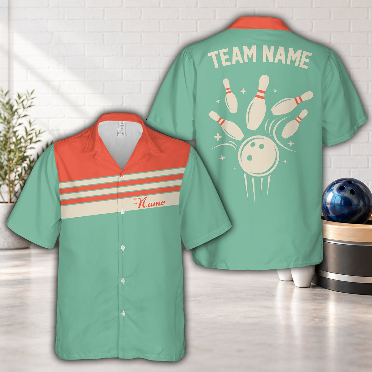 Matching family hawaiian shirts in retro green, front view