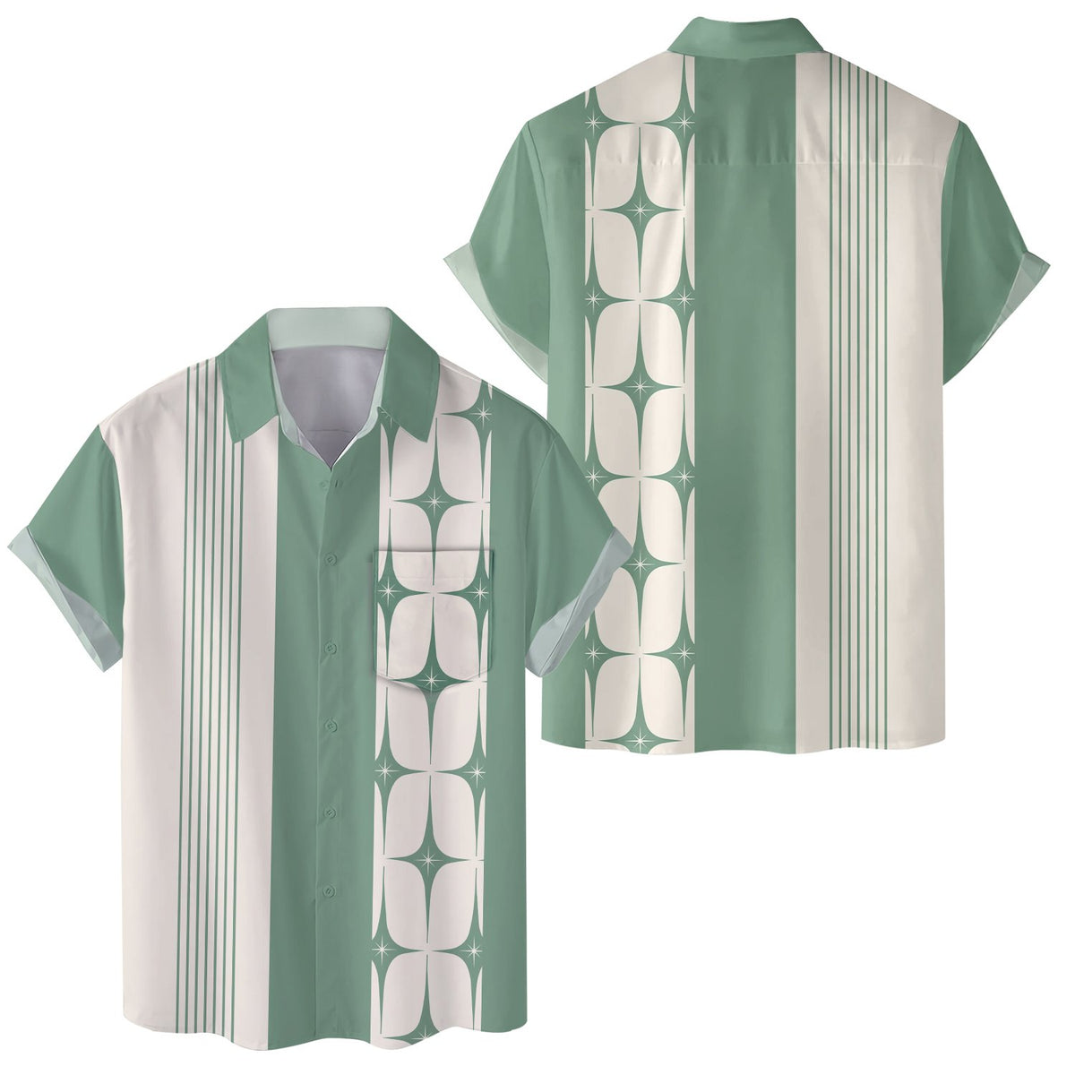 Front view of the green retro hawaiian shirt showing sage green and cream color blocking