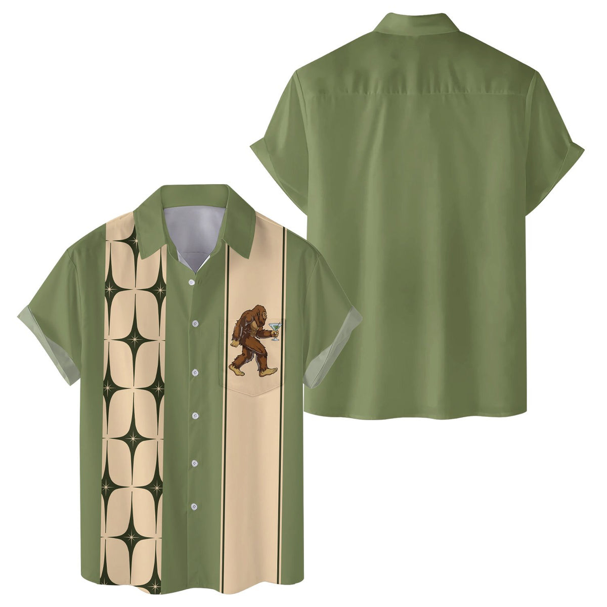 Front view of the olive green retro hawaiian shirt with cream vertical panels