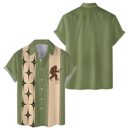 Olive green retro hawaiian shirt featuring Bigfoot and starburst pattern, main view