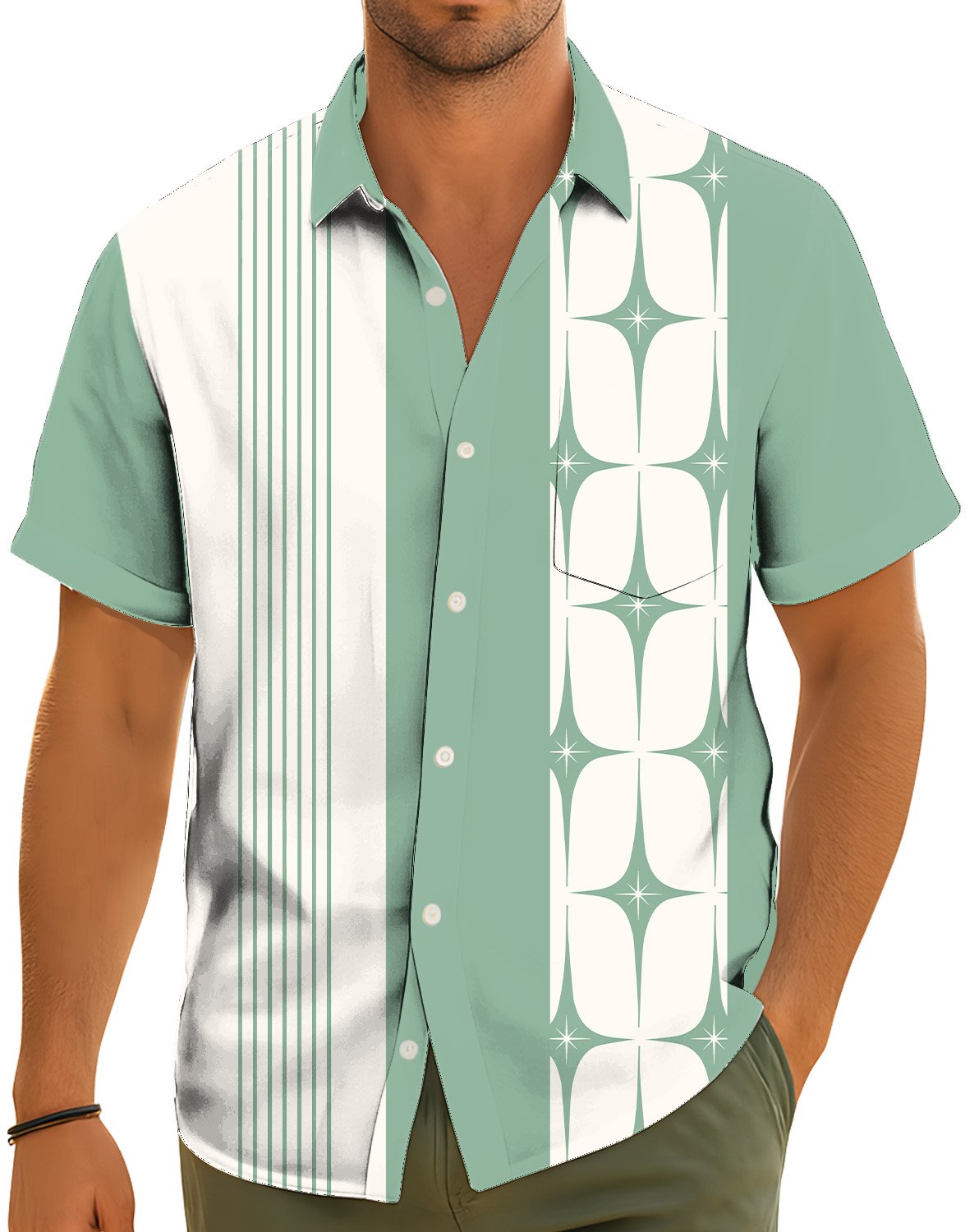 Lifestyle view of people wearing matching family hawaiian shirts