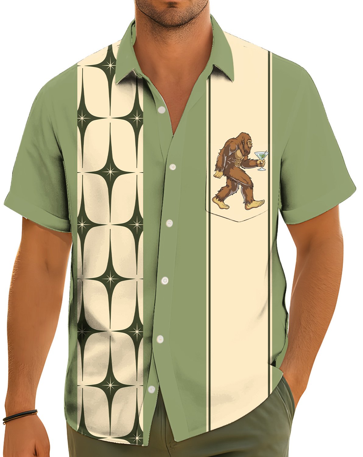 Lifestyle view of someone wearing the matching family hawaiian shirt outdoors