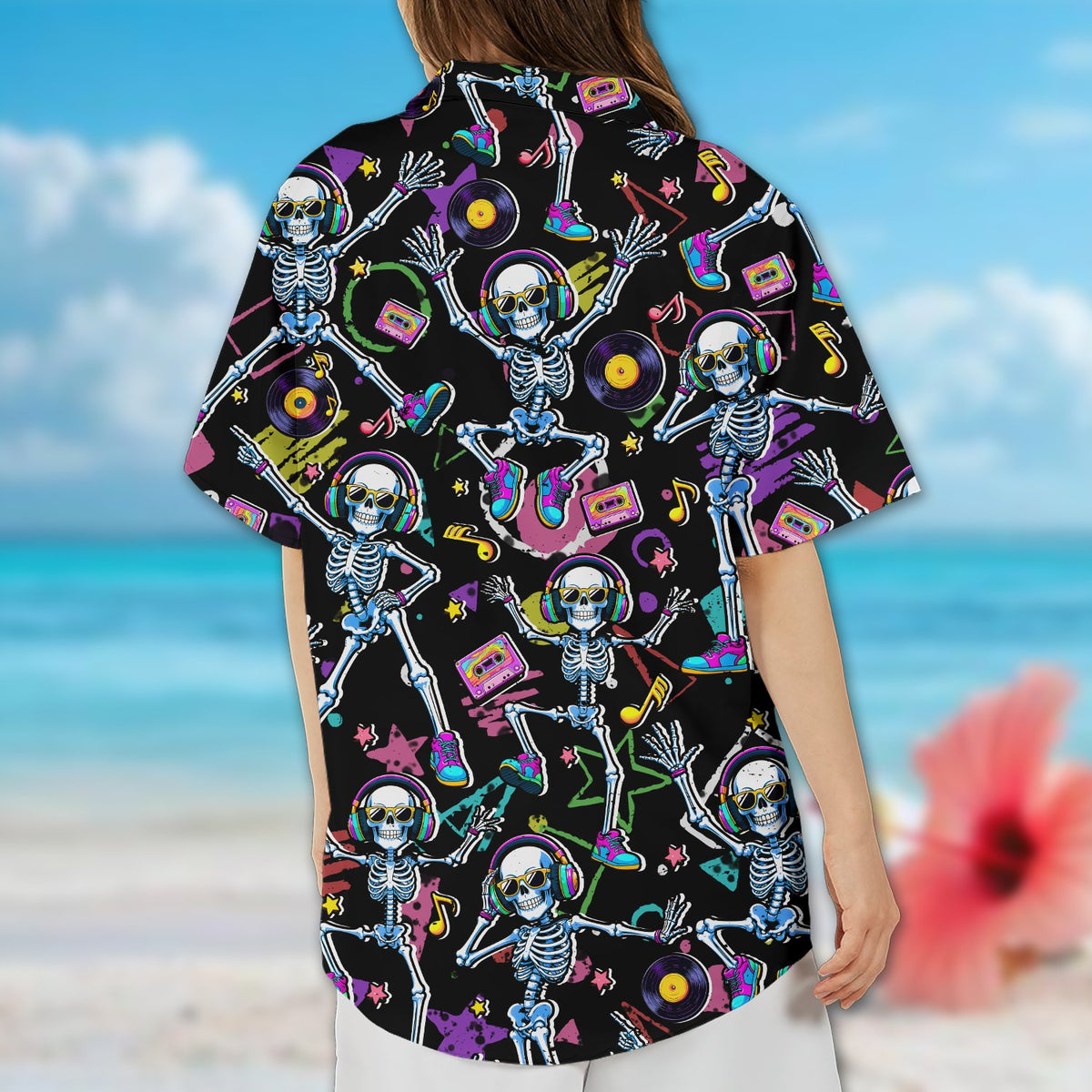Retro halloween hawaiian shirt with neon dancing skeletons, alternate back view